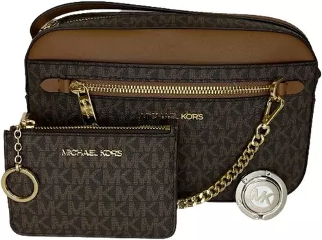 Michael Kors MICHAEL Michael Kors Jet Set Сумка через плечо с большой цепочкой в комплекте с кошельком-кошельком SM TZ с крючком для портмоне (Signature MK Brown)