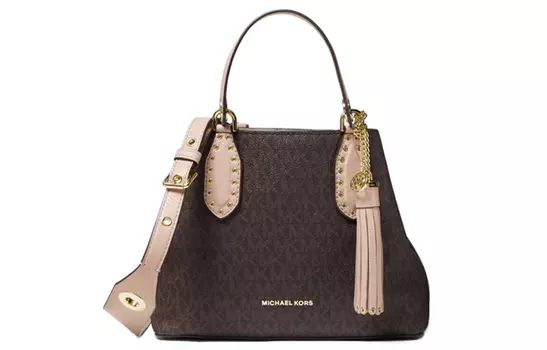 MICHAEL KORS Сумка через плечо MK Brooklyn из холщовой ткани с покрытием, сумка через плечо, женская, небольшого размера, розовая и коричневая, монограмма