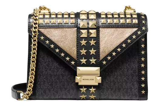 MICHAEL KORS Сумка-конверт Whitney Canvas с кожей, сумка через плечо, женская сумка-туба, черно-золотая