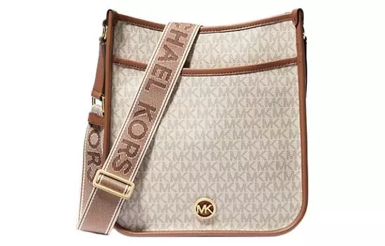 MICHAEL KORS Сумка-мессенджер из холщовой ткани с покрытием, сумка через плечо, большая женская сумка ванильно-бело-коричневого цвета