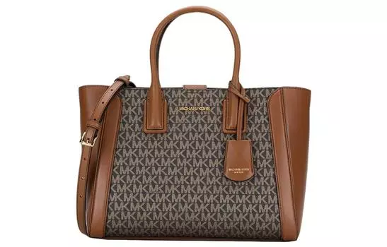 MICHAEL KORS Сумка-мессенджер из холста с кожей, дамская сумочка, сумка через плечо, коричневая, среднего размера для женщин