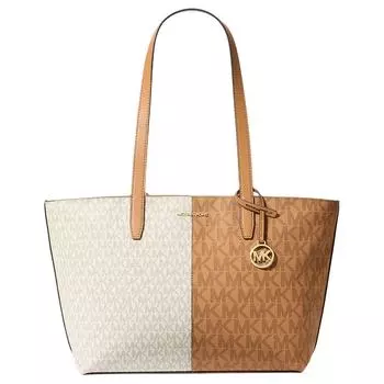 MICHAEL KORS Сумка-шоппер из холщовой ткани с покрытием, сумка для покупок, сумка на плечо, женская сумка среднего размера, белая и коричневая