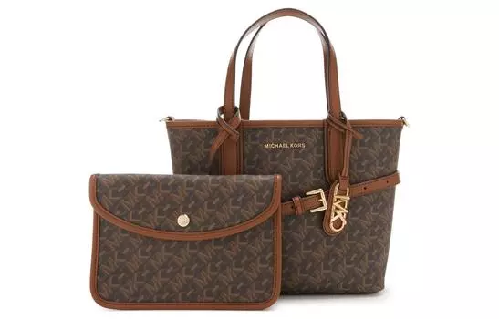 MICHAEL KORS Сумка-шоппер из ПВХ, сумка-шоппер, сумка через плечо, женская, темно-коричневая с желто-кремовым оттенком