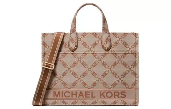 MICHAEL KORS Сумка-тоут из ткани через плечо большого размера для женщин, цвета экрю и кожи, коричневого цвета