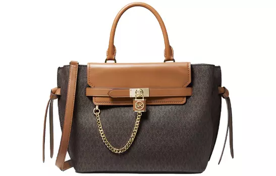 MICHAEL KORS Сумка-туба из хлопка и кожи MK Nouveau Hamilton, туба через плечо, женская, коричневого и черного цветов