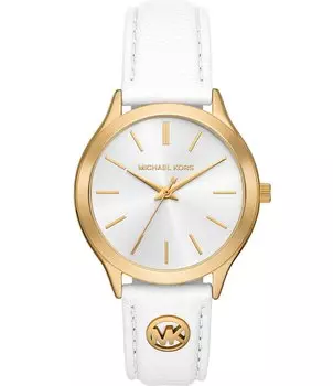 Michael Kors Женские золотые тонкие часы с тремя стрелками и белым кожаным ремешком для подиума, белый