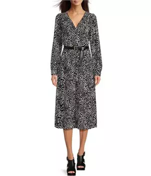 MICHAEL Michael Kors Kate Modern Ocelot Платье миди с V-образным вырезом и поясом и длинными рукавами, животный принт