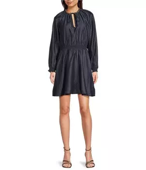 MICHAEL Michael Kors Платье А-силуэта из саржи Tencel с круглым вырезом и длинными рукавами, синий
