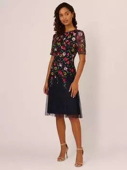 Миди-платье из цветочной сетки с бисером Adrianna Papell, темно-синий/разноцветный