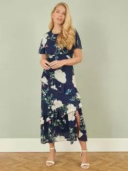 Миди-платье из сетки с птицами и цветочным рисунком Yumi, темно-синий