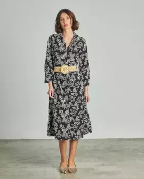 Миди-платье рубашечного кроя с жаккардовой тканью, острым воротником на пуговицах и поясом Alma en Pena, черный