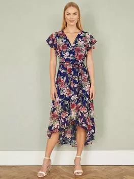Миди-платье с цветочной оборкой на подоле Yumi, синий
