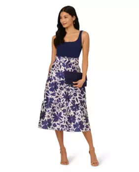 Миди-платье с цветочной юбкой и бретелями Adrianna Papell, темно-синий