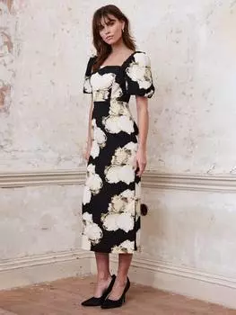 Миди-платье с цветочным квадратным вырезом Mint Velvet, черный/разноцветный