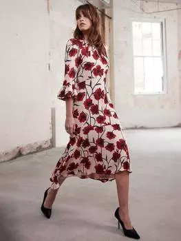 Миди-платье с цветочными оборками на подоле Mint Velvet, цвет Natural Taupe