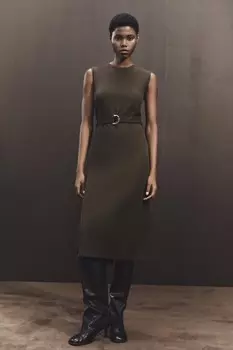 Миди платье с поясом ZARA, коричневый