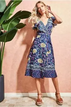 Миди с запахом Goddiva и цветочным принтом, с развевающимися рукавами, темно-синий