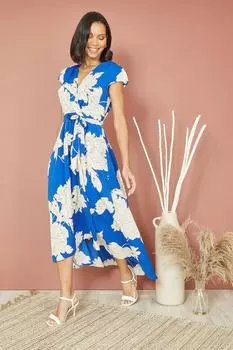 Миди с запахом и принтом Blue Blossom, с присборенным краем Mela, синий