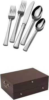 Mikasa 5060761 Harmony, набор столовых приборов из нержавеющей стали 18/10, 65 предметов, с набором сервировочных принадлежностей, серебром и 15-дюймовым комодом для хранения столовых приборов с выдвижным ящиком