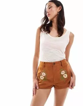 Микрошорты из замши ASOS DESIGN с вышивкой бежевого цвета