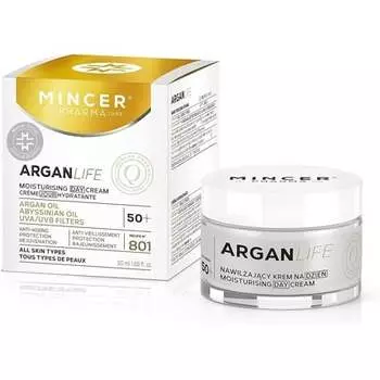 Mincer Pharma Argan Life 50+ Увлажняющий, омолаживающий, защитный дневной крем против старения для всех типов кожи с аргановым маслом, абиссинским маслом, фильтрами UVA и UVB 50мл, Mincer Est. Pharma 1989