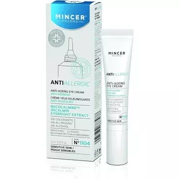 Mincer Pharma Противоаллергический, против покраснений, против старения, разглаживающий крем для глаз для чувствительной кожи с бакокальмином, ирикалмином и экстрактом очанки 15 мл, Mincer Est. Pharma 1989