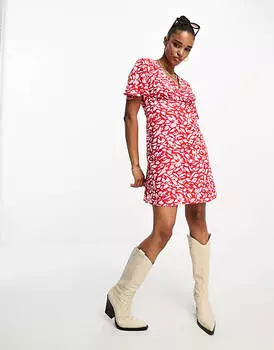 Мини-чайное платье с красным и розовым цветочным принтом New Look