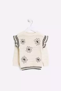 Мини-Джемпер для девочек с цветочным принтом и оборками на рукавах River Island, бежевый
