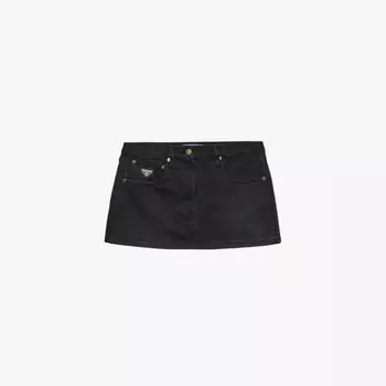 Мини-Юбка из денима с заниженной талией и логотипом-пластикой Prada, черный