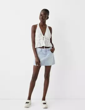 Мини-Юбка из денима со стразами Bershka, голубой