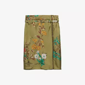 Мини-Юбка из шелка с высокой посадкой и поясом, с цветочным принтом Prada, зеленый