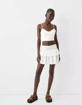 Мини-Юбка с оборками и резинкой на талии Bershka, бежевый