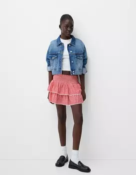 Мини-Юбка в клетку гингем с оборками Bershka, красный