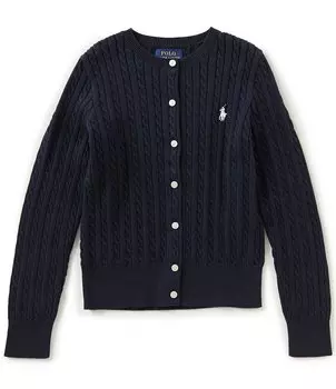Мини-кардиган косой вязки с длинными рукавами и пуговицами спереди Polo Ralph Lauren для больших девочек 7–16 лет, синий