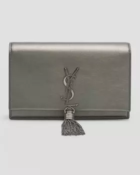 Мини-кошелек Kate на цепочке с кисточками YSL из гладкой кожи Saint Laurent, цвет Iron