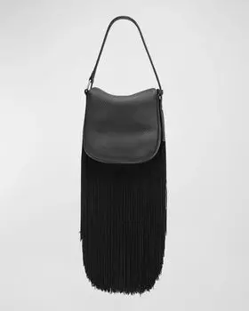 Мини-кожаная сумка-хобо Anna с бахромой Akris, цвет Black