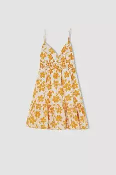 Мини-платье А-силуэта с V-образным вырезом и цветочным принтом из льна DeFacto, желтый