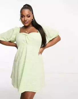 Мини-платье ASOS DESIGN Curve из ворса в клетку яблочно-зеленого цвета с завязкой спереди