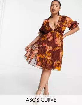 Мини-платье ASOS DESIGN Curve с цветочным и анималистическим принтом и шнуровкой сзади
