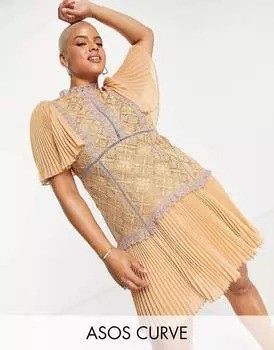 Мини-платье ASOS DESIGN Curve с контрастной кружевной отделкой и плиссированными рукавами-накидками