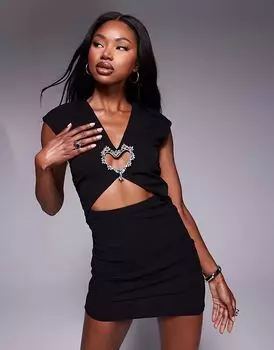 Мини-платье ASOS DESIGN из крепа-скуба с вырезом, сборками и отделкой в виде серебряных сердечек черного цвета