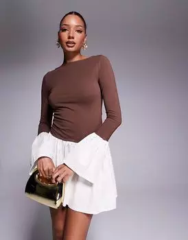 Мини-платье ASOS DESIGN из микса поплина с манжетами-оборками цвета мокко