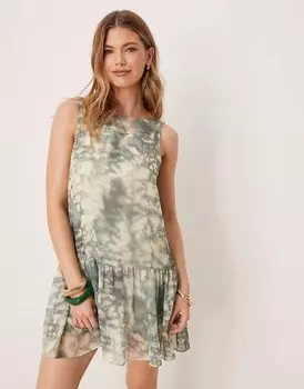 Мини-платье ASOS DESIGN из шифона с заниженной талией и зеленым абстрактным принтом
