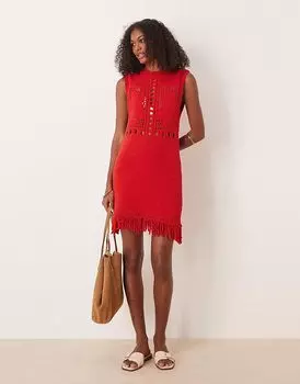 Мини-платье ASOS DESIGN с бахромой и ажурной отделкой красного цвета