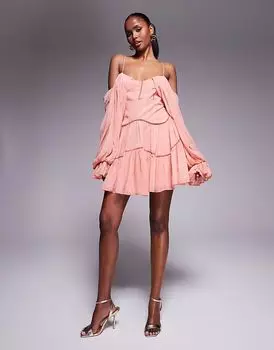 Мини-платье ASOS DESIGN с драпировкой, открытыми плечами, кружевными вставками, темно-розового цвета