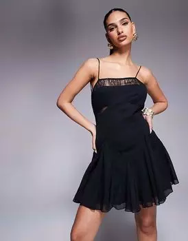 Мини-платье ASOS DESIGN с кружевными вставками и вырезами-годе черного цвета