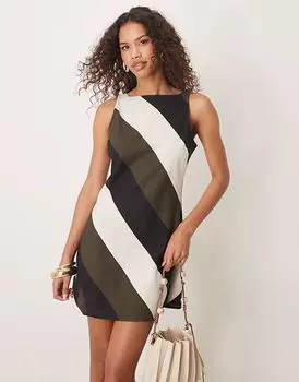 Мини-платье ASOS DESIGN с квадратным вырезом и высокой горловиной, присборенной спинкой в полоску