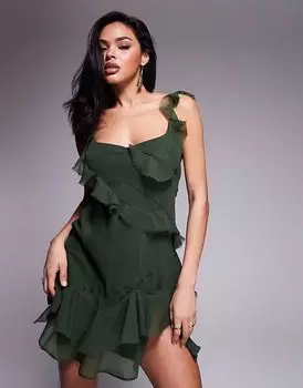 Мини-платье ASOS DESIGN с необработанным краем, оборками и завязками на спине, насыщенного оливкового цвета