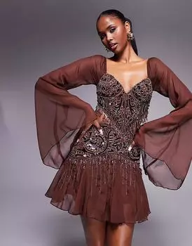 Мини-платье ASOS DESIGN с расклешенными рукавами и декоративными вставками шоколадного цвета