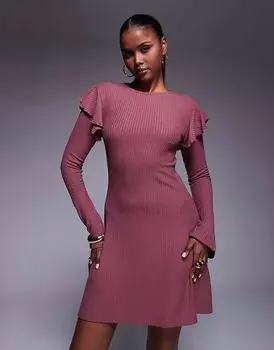 Мини-платье ASOS DESIGN с ребристыми воланами на плечах розового цвета